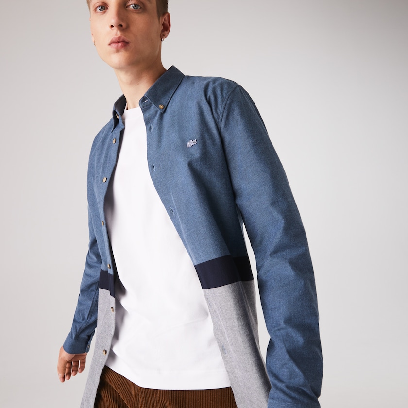 Men's Lacoste Navy Blue / Blue / White Shirts Colorblock Regular Fit Cotton Flannel YL8-21892M4