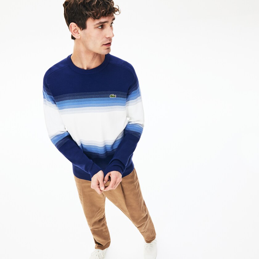 Men's Lacoste Navy Blue / Blue / White Sweaters Made In France Degraded Cotton Crew Neck KV1-83268N9