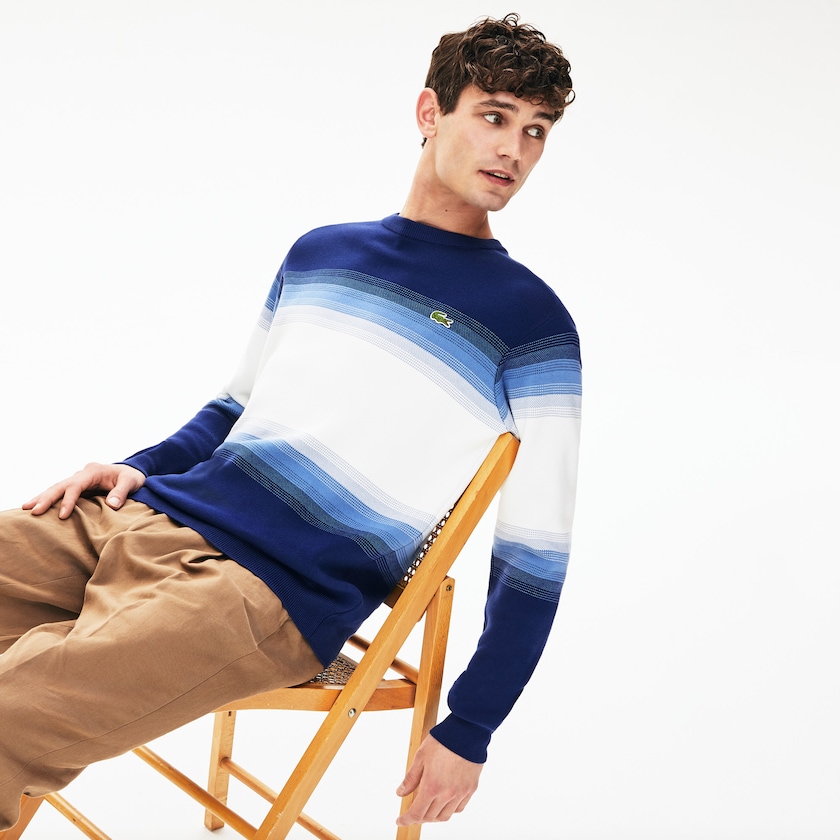 Men's Lacoste Navy Blue / Blue / White Sweaters Made In France Degraded Cotton Crew Neck KV1-83268N9