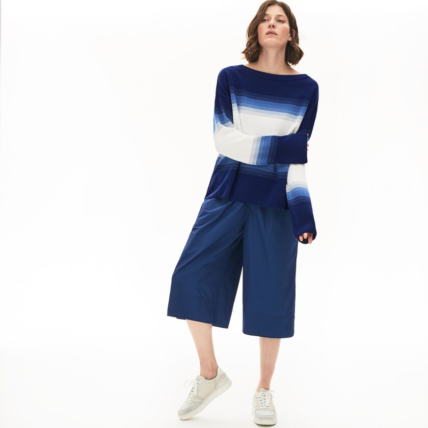 Women's Lacoste Navy Blue / Blue / White Sweaters Made in France Organic Loose Fit Ombré-Stripe HE3-31913S8