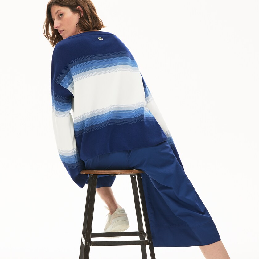 Women's Lacoste Navy Blue / Blue / White Sweaters Made in France Organic Loose Fit Ombré-Stripe HE3-31913S8