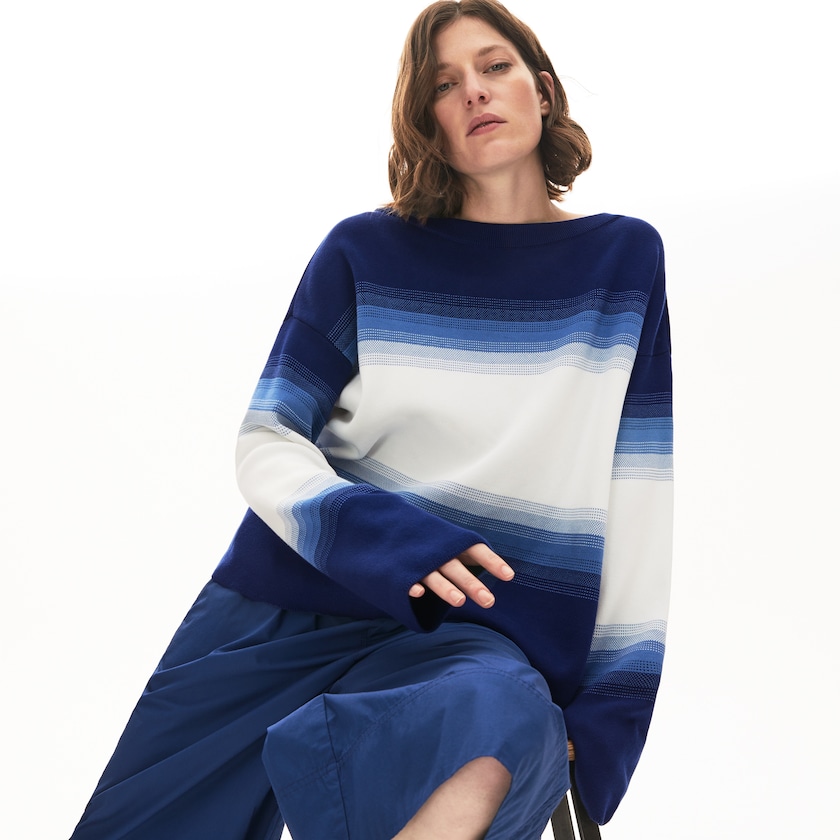 Women's Lacoste Navy Blue / Blue / White Sweaters Made in France Organic Loose Fit Ombré-Stripe HE3-31913S8