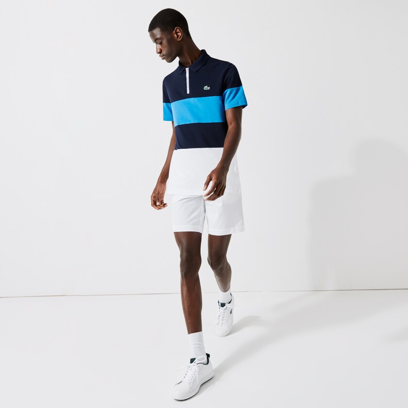 Men's Lacoste Navy Blue / Blue / White Shirts SPORT Striped Stretch Piqué Zip-Up Golf Polo AU7-25542C1