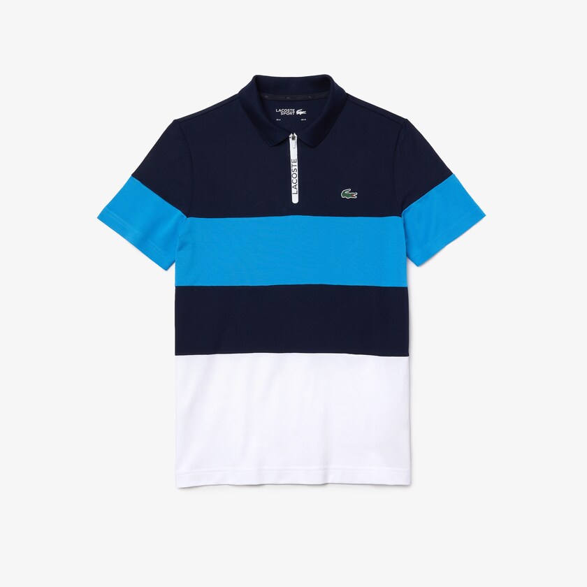 Men's Lacoste Navy Blue / Blue / White Shirts SPORT Striped Stretch Piqué Zip-Up Golf Polo AU7-25542C1