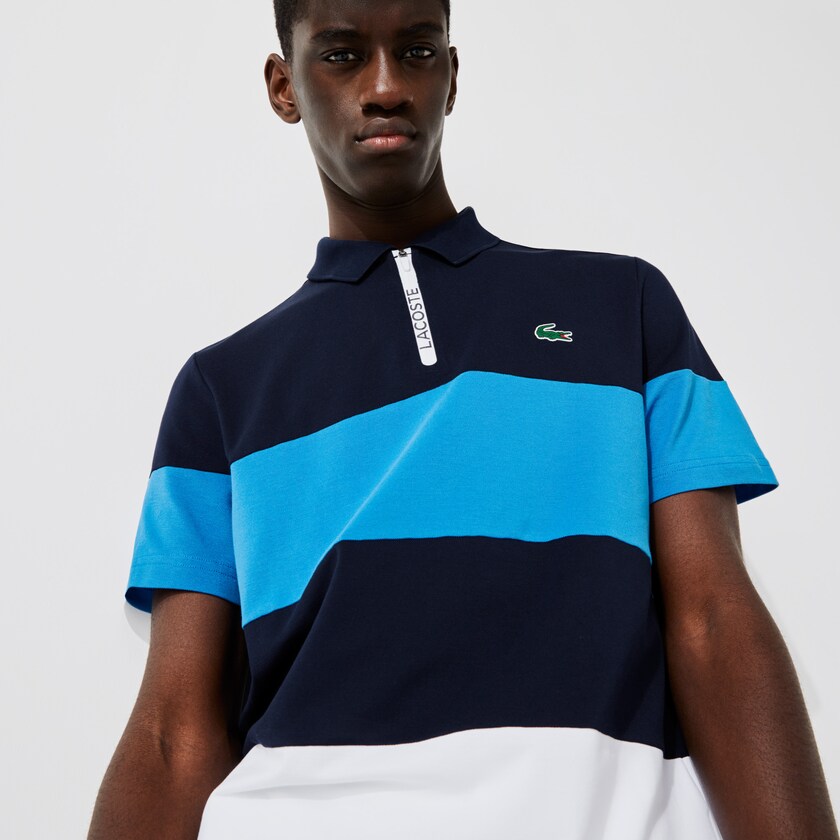 Men's Lacoste Navy Blue / Blue / White Shirts SPORT Striped Stretch Piqué Zip-Up Golf Polo AU7-25542C1