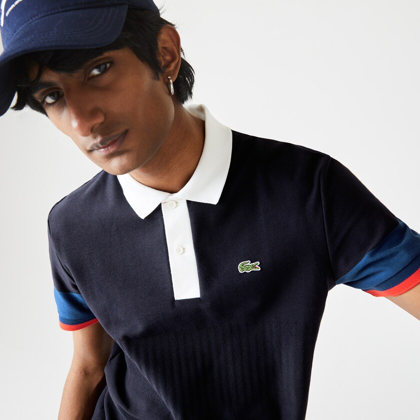 Men's Lacoste Navy Blue / Blue / White / Red Shirts Made in France Regular Fit Organic Cotton Polo RU0-03390D1