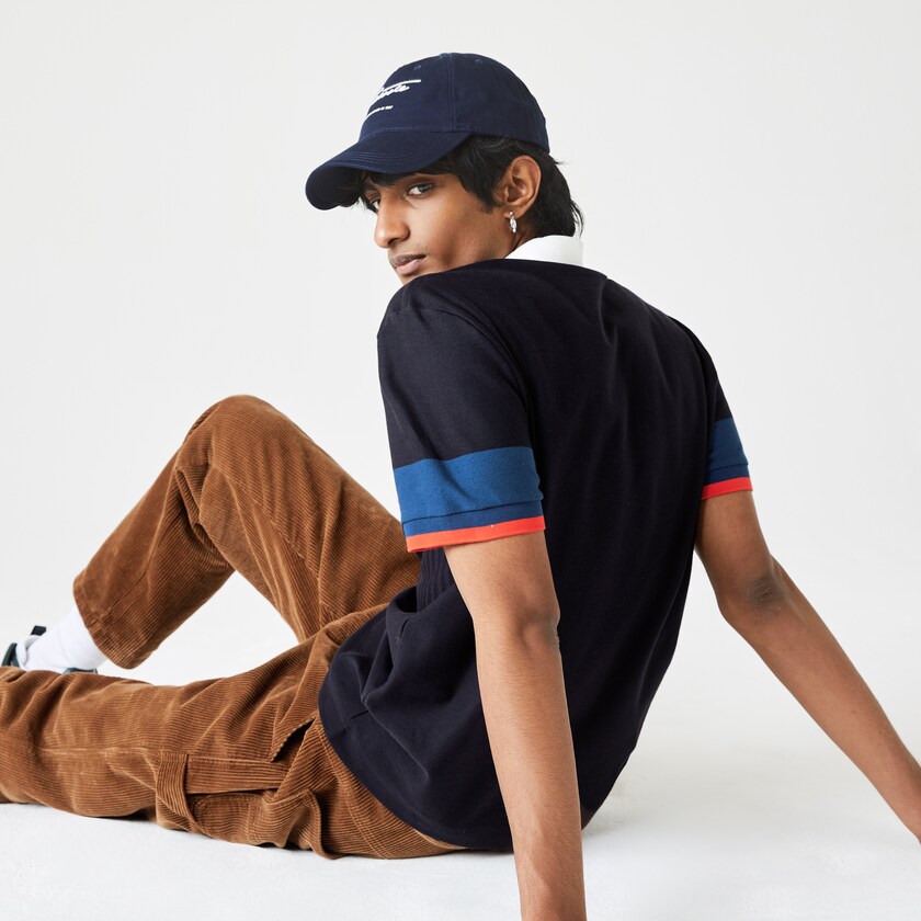 Men's Lacoste Navy Blue / Blue / White / Red Shirts Made in France Regular Fit Organic Cotton Polo RU0-03390D1