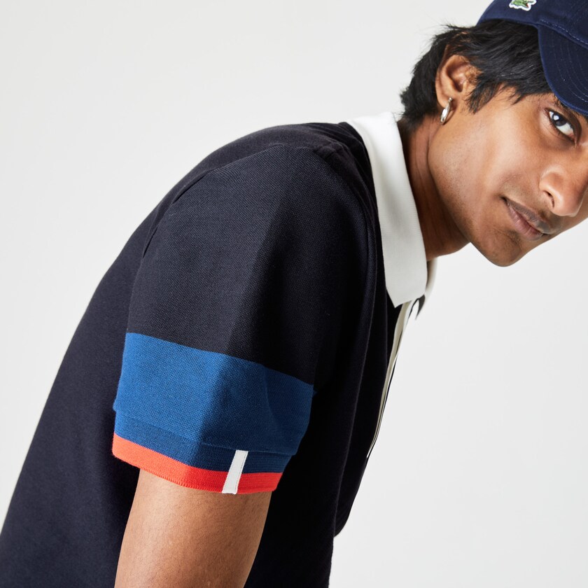 Men's Lacoste Navy Blue / Blue / White / Red Shirts Made in France Regular Fit Organic Cotton Polo RU0-03390D1