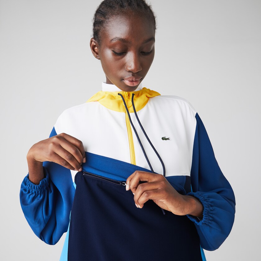 Women's Lacoste Navy Blue / Blue / White / Yellow Sweatshirts Colorblock Zip-Front Hooded CA9-96239V6