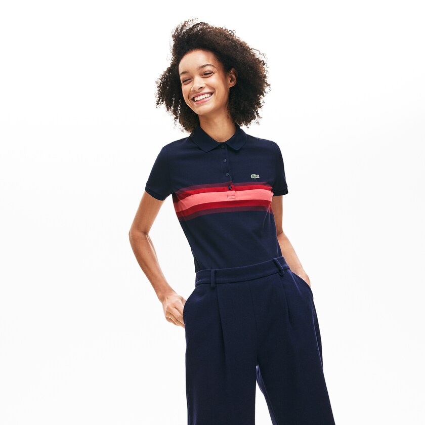 Women's Lacoste Navy Blue / Dark Red / Pink Polo Shirts Color Block Stripe TM3-60956E5