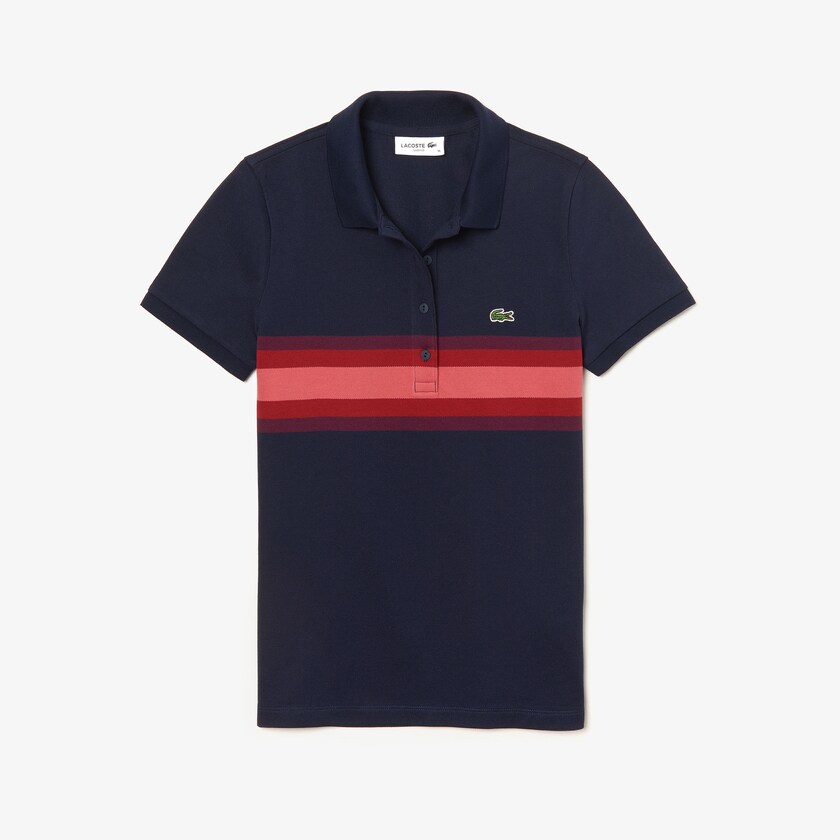 Women's Lacoste Navy Blue / Dark Red / Pink Polo Shirts Color Block Stripe TM3-60956E5