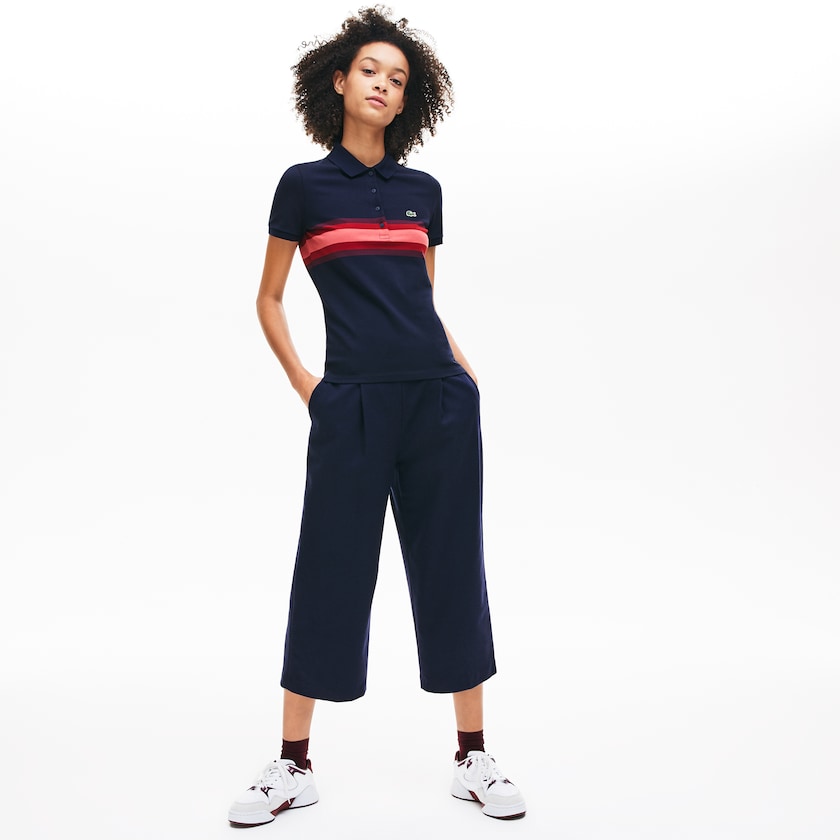 Women's Lacoste Navy Blue / Dark Red / Pink Polo Shirts Color Block Stripe TM3-60956E5