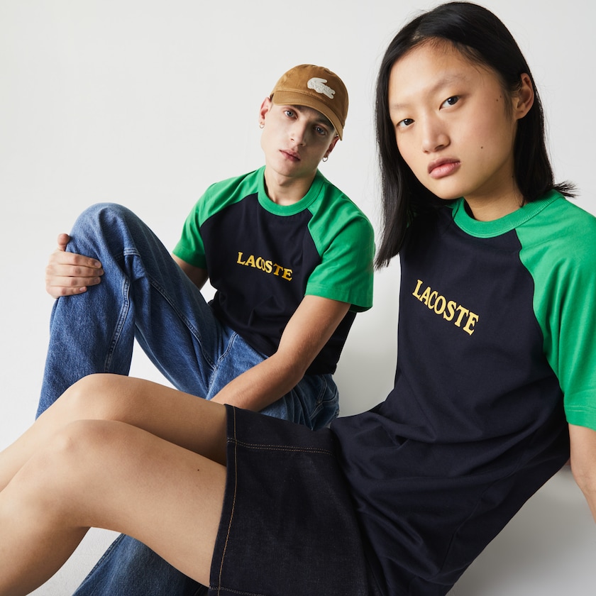 Men's Lacoste Navy Blue / Green T Shirts LIVE Two-Tone Cotton MS9-25992A2
