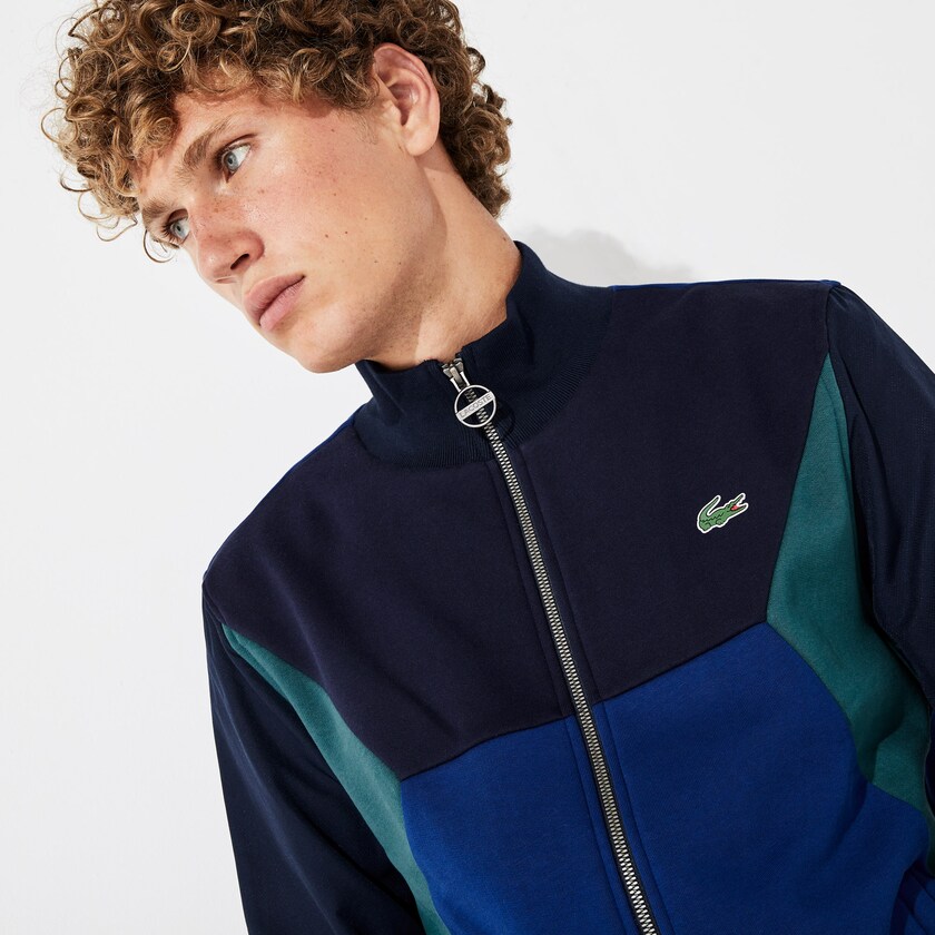 Men's Lacoste Navy Blue / Green Sweatshirts SPORT Color-Blocked Zip Up Tennis XM0-88608O1