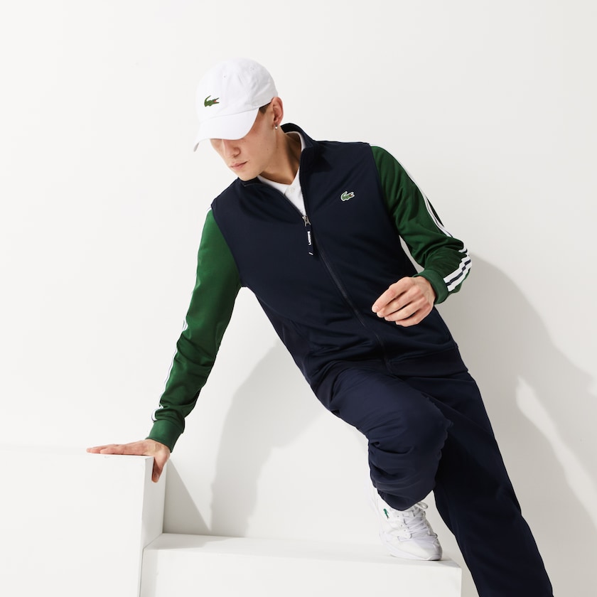 Men's Lacoste Navy Blue / Green Sweatshirts SPORT Two-Tone Technical Piqué Zip AU5-47054B9