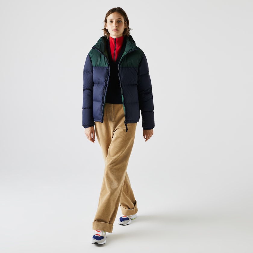 Women's Lacoste Navy Blue / Green Jackets Stand-Up Collar Concealed Hood Colourblock Short GV9-64536T6