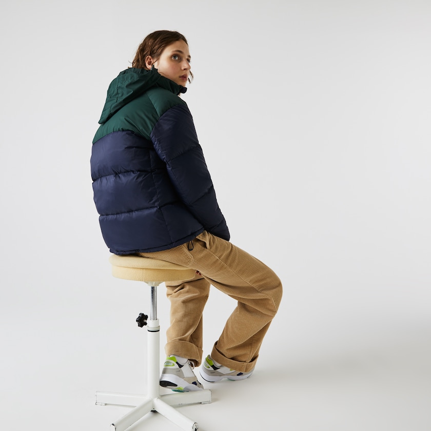 Women's Lacoste Navy Blue / Green Jackets Stand-Up Collar Concealed Hood Colourblock Short GV9-64536T6