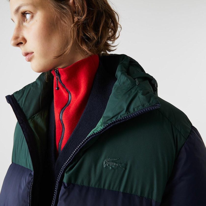 Women's Lacoste Navy Blue / Green Jackets Stand-Up Collar Concealed Hood Colourblock Short GV9-64536T6