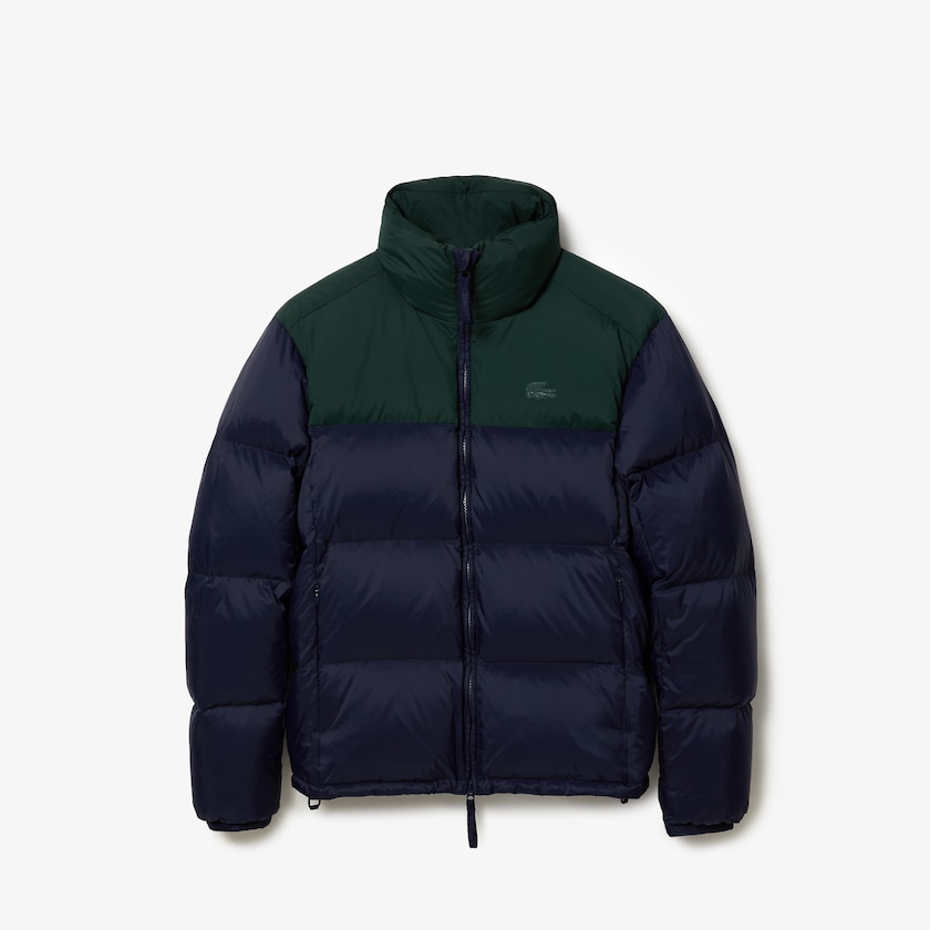 Women's Lacoste Navy Blue / Green Jackets Stand-Up Collar Concealed Hood Colourblock Short GV9-64536T6