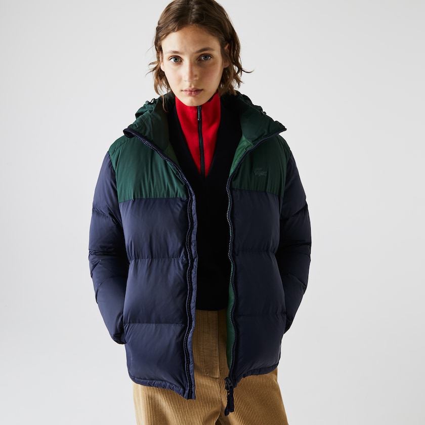 Women's Lacoste Navy Blue / Green Jackets Stand-Up Collar Concealed Hood Colourblock Short GV9-64536T6