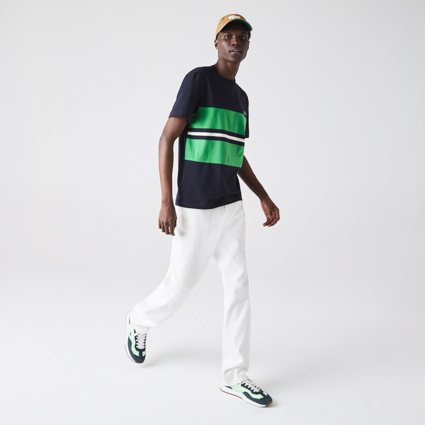 Men's Lacoste Navy Blue / Green / Beige T Shirts Crewneck Striped Cotton KU8-82998H2