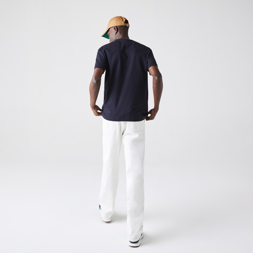Men's Lacoste Navy Blue / Green / Beige T Shirts Crewneck Striped Cotton KU8-82998H2