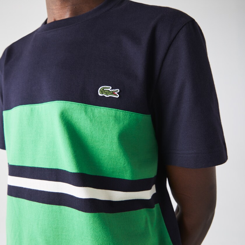 Men's Lacoste Navy Blue / Green / Beige T Shirts Crewneck Striped Cotton KU8-82998H2