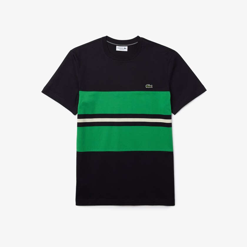 Men's Lacoste Navy Blue / Green / Beige T Shirts Crewneck Striped Cotton KU8-82998H2