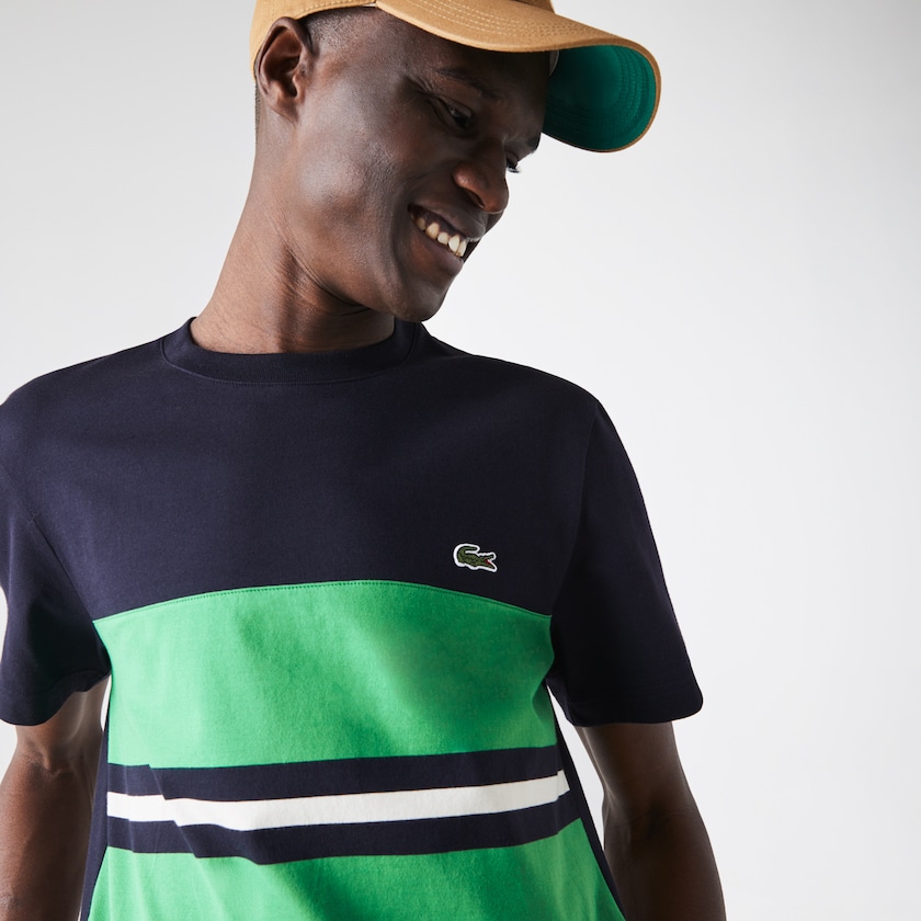 Men's Lacoste Navy Blue / Green / Beige T Shirts Crewneck Striped Cotton KU8-82998H2