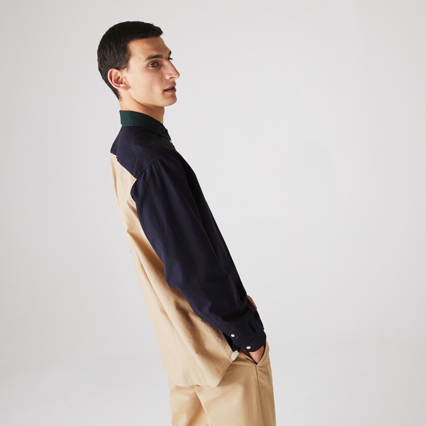 Men's Lacoste Navy Blue / Green / Beige Shirts Lightweight Regular Fit Colorblock Cotton Canvas TB5-06300W6