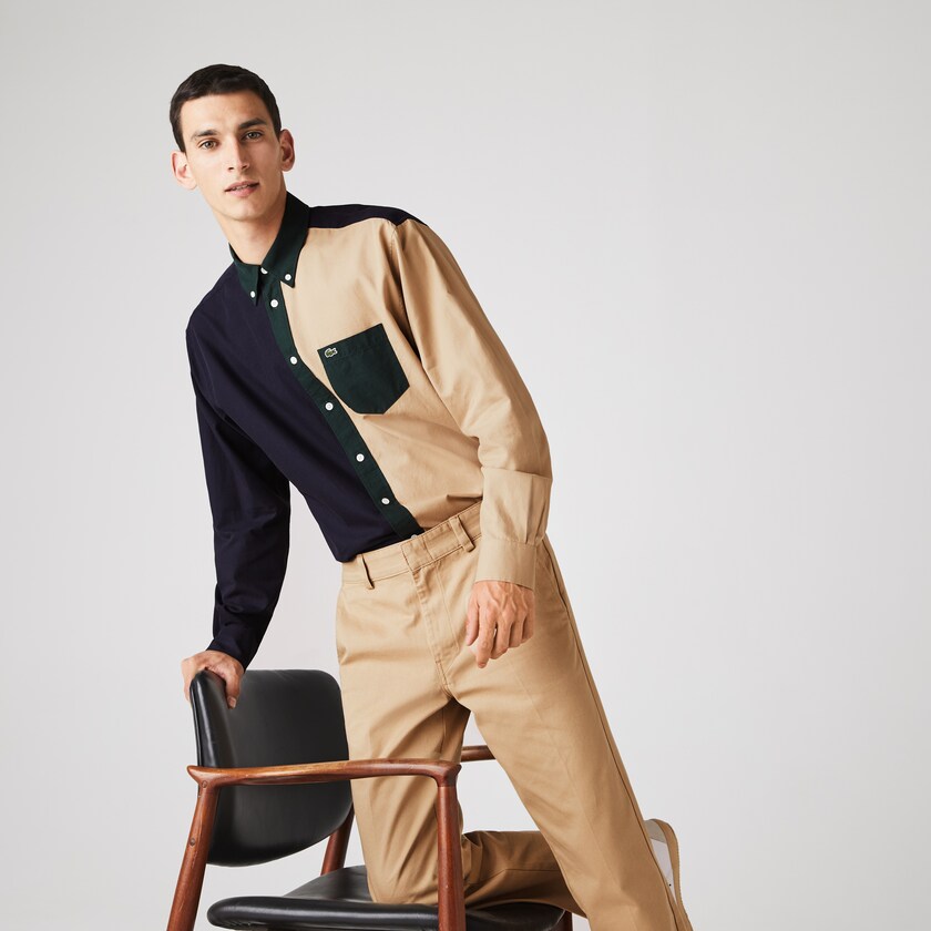 Men's Lacoste Navy Blue / Green / Beige Shirts Lightweight Regular Fit Colorblock Cotton Canvas TB5-06300W6