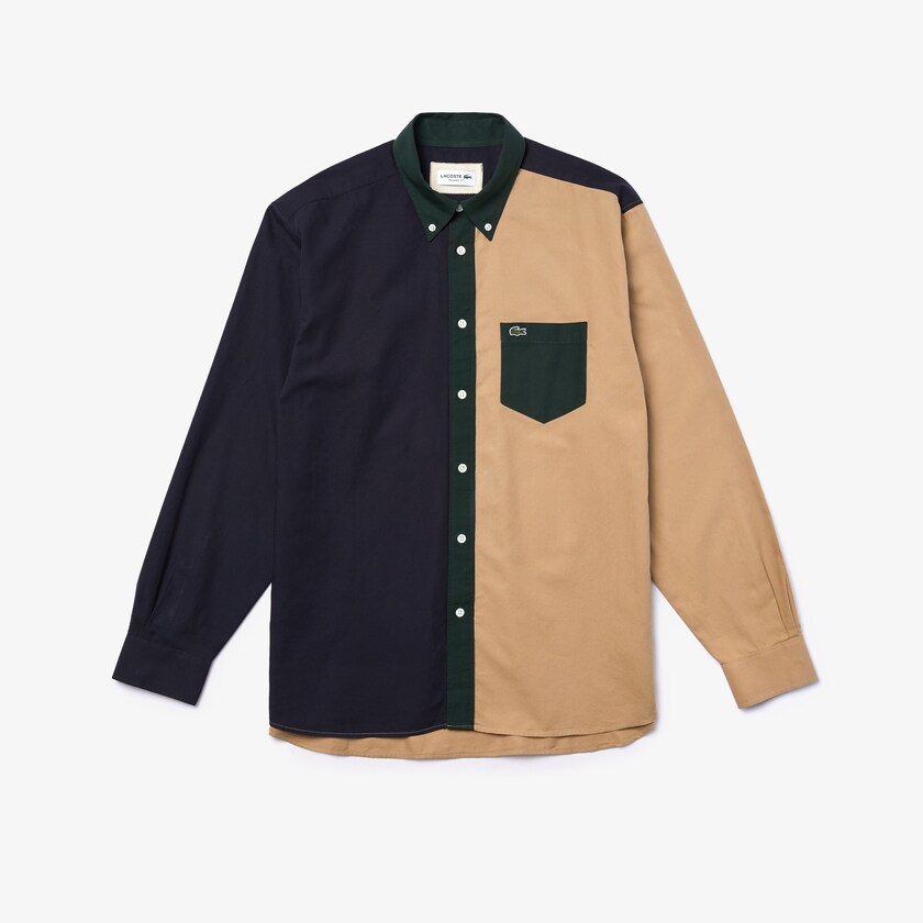 Men's Lacoste Navy Blue / Green / Beige Shirts Lightweight Regular Fit Colorblock Cotton Canvas TB5-06300W6