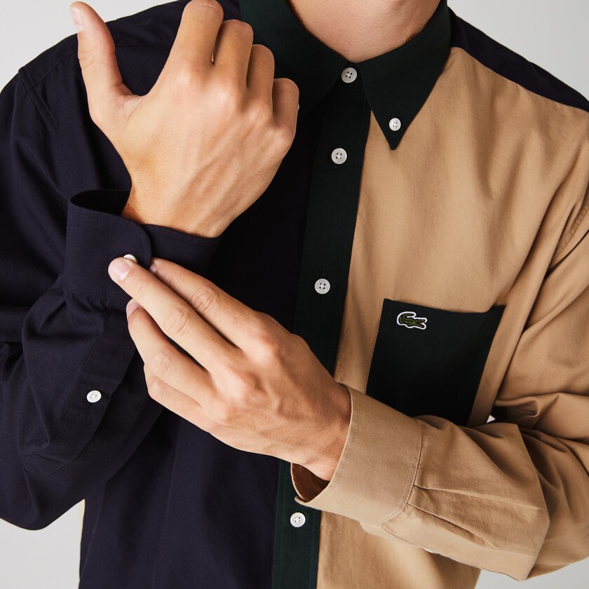 Men's Lacoste Navy Blue / Green / Beige Shirts Lightweight Regular Fit Colorblock Cotton Canvas TB5-06300W6
