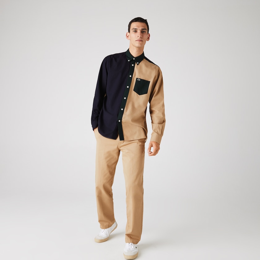 Men's Lacoste Navy Blue / Green / Beige Shirts Lightweight Regular Fit Colorblock Cotton Canvas TB5-06300W6