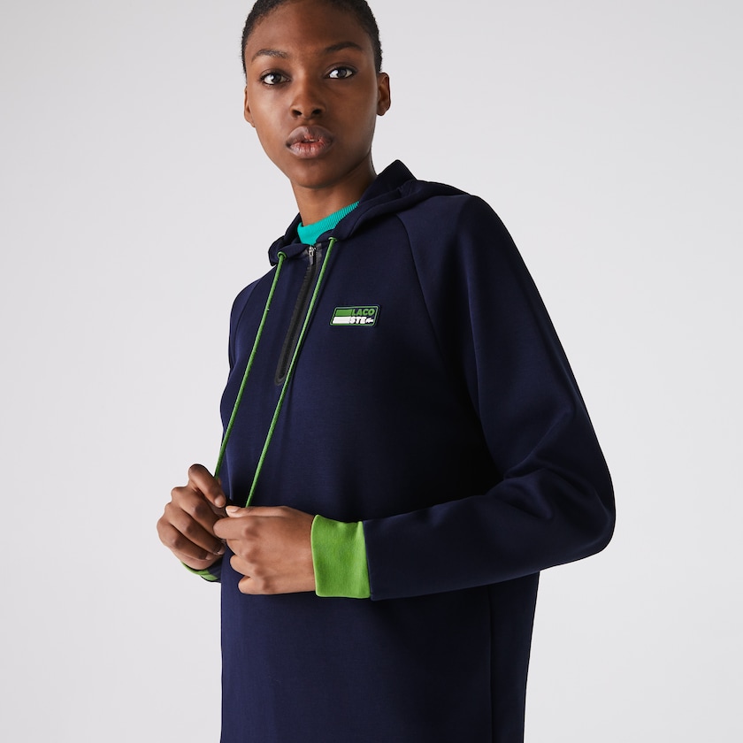 Women's Lacoste Navy Blue / Green / Black Dress SPORT Hooded Cotton Blend Sweatshirt RQ2-21262U3