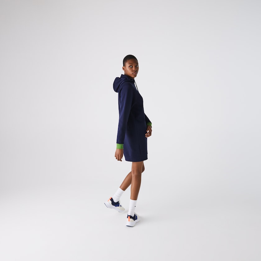 Women's Lacoste Navy Blue / Green / Black Dress SPORT Hooded Cotton Blend Sweatshirt RQ2-21262U3