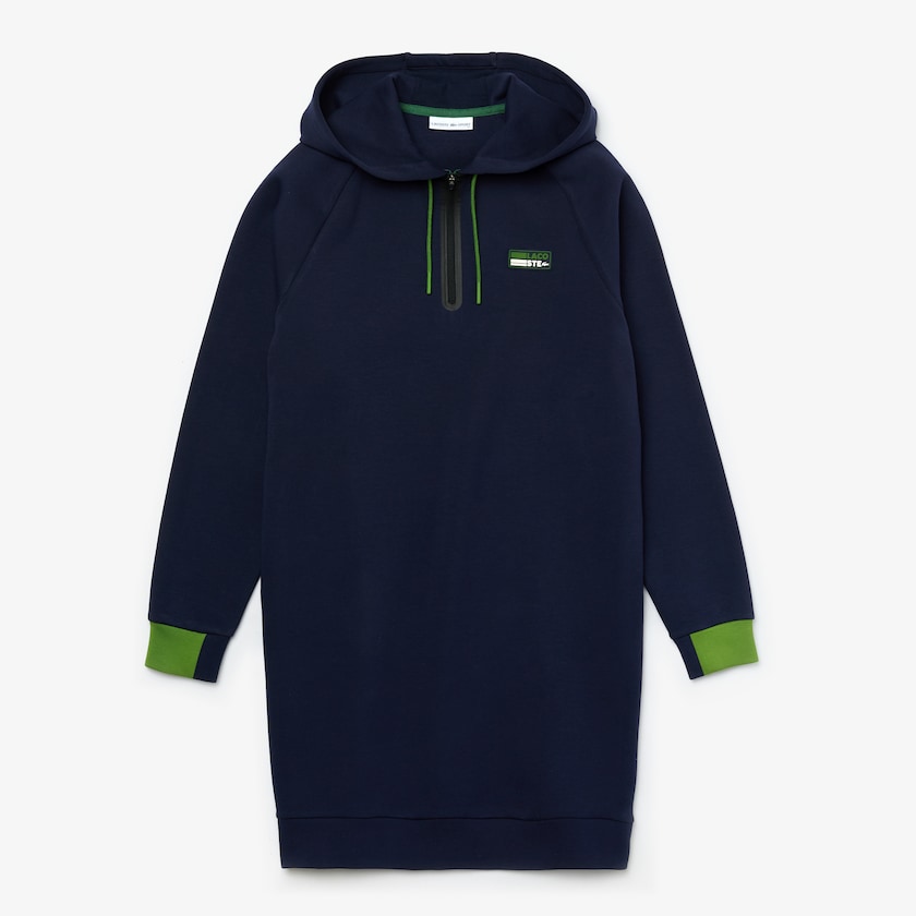 Women's Lacoste Navy Blue / Green / Black Dress SPORT Hooded Cotton Blend Sweatshirt RQ2-21262U3