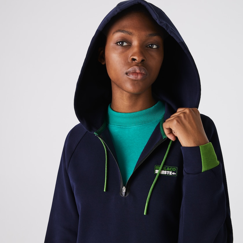 Women's Lacoste Navy Blue / Green / Black Dress SPORT Hooded Cotton Blend Sweatshirt RQ2-21262U3