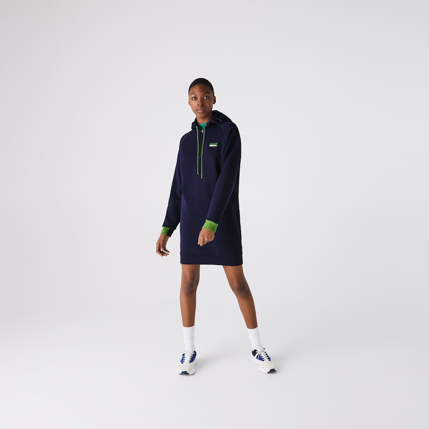 Women's Lacoste Navy Blue / Green / Black Dress SPORT Hooded Cotton Blend Sweatshirt RQ2-21262U3