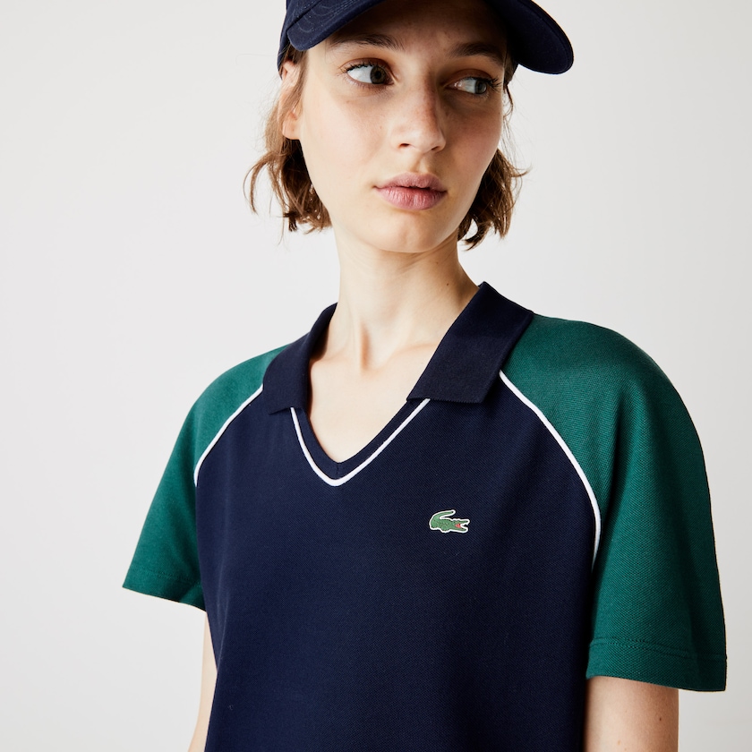 Women's Lacoste Navy Blue / Green / White Polo Dress SPORT Stretch Cotton Golf QR2-92879W9