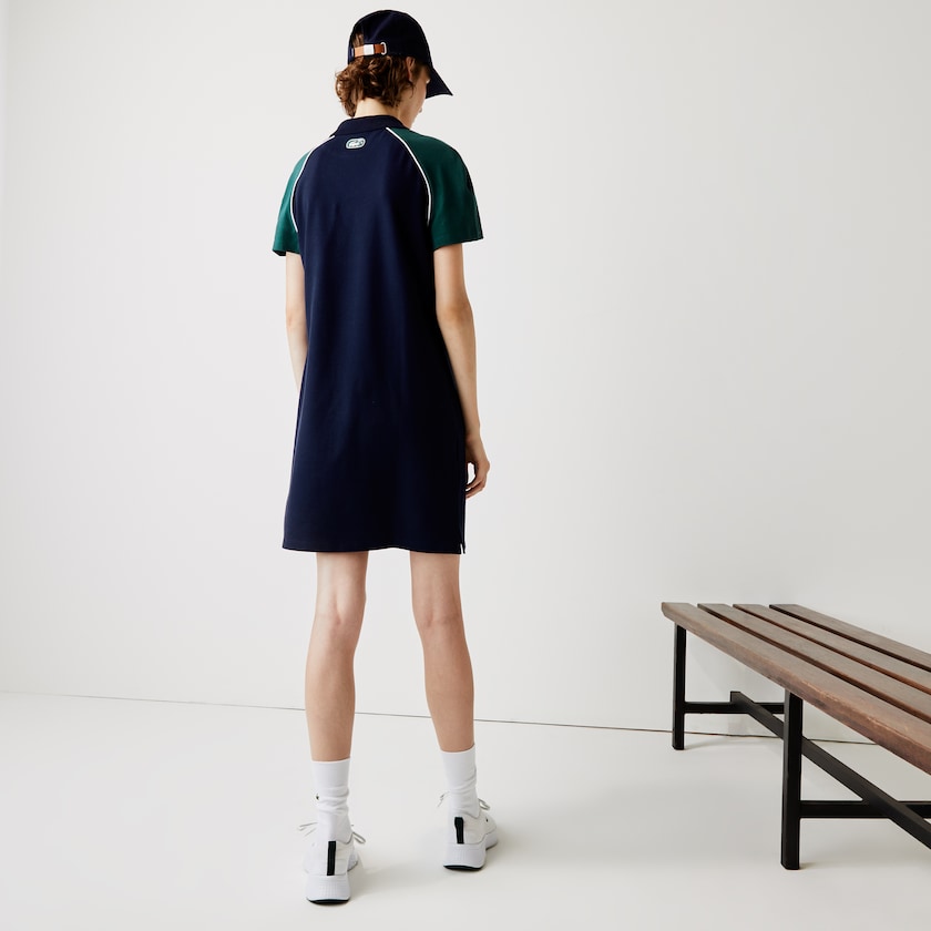 Women's Lacoste Navy Blue / Green / White Polo Dress SPORT Stretch Cotton Golf QR2-92879W9