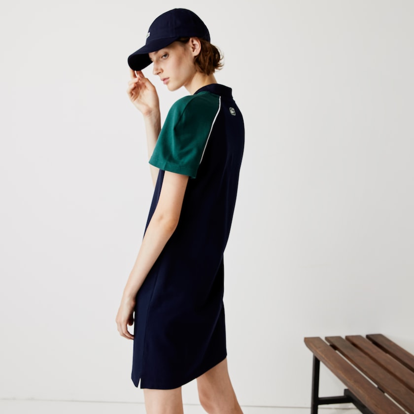 Women's Lacoste Navy Blue / Green / White Polo Dress SPORT Stretch Cotton Golf QR2-92879W9