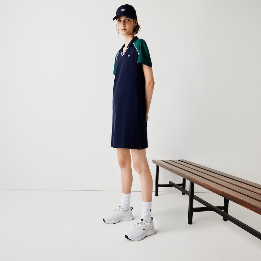 Women's Lacoste Navy Blue / Green / White Polo Dress SPORT Stretch Cotton Golf QR2-92879W9