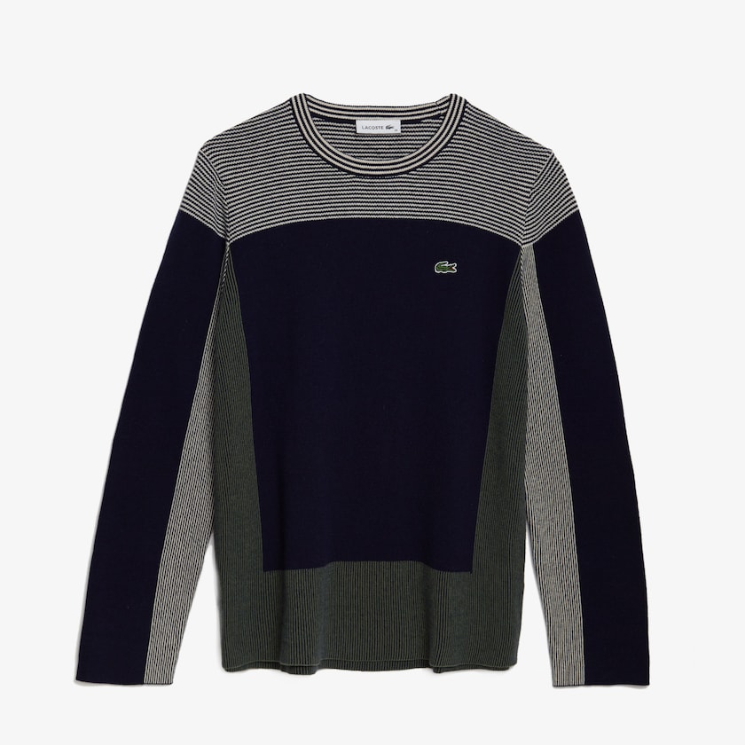 Women's Lacoste Navy Blue / Khaki Green / Beige Sweaters Colorblock Knit Crew Neck YQ6-95139N7