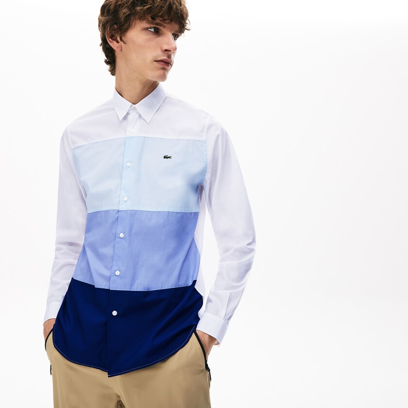 Men's Lacoste Navy Blue / Purple / Light Blue / White Shirts Regular Fit Colorblock Cotton GO9-85738N8
