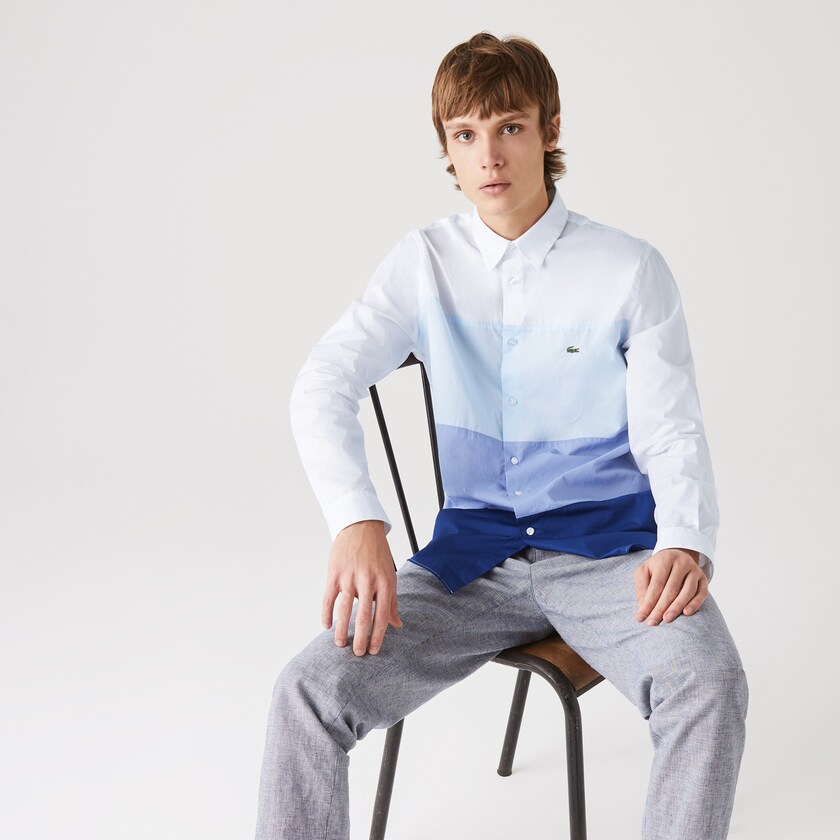 Men's Lacoste Navy Blue / Purple / Light Blue / White Shirts Regular Fit Colorblock Cotton GO9-85738N8