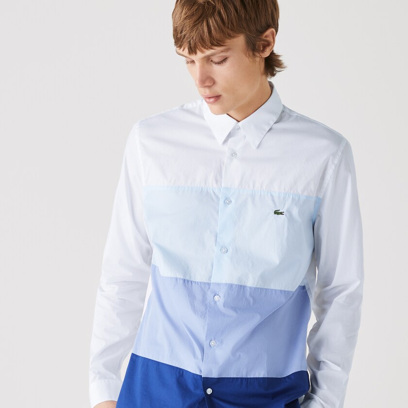 Men's Lacoste Navy Blue / Purple / Light Blue / White Shirts Regular Fit Colorblock Cotton GO9-85738N8