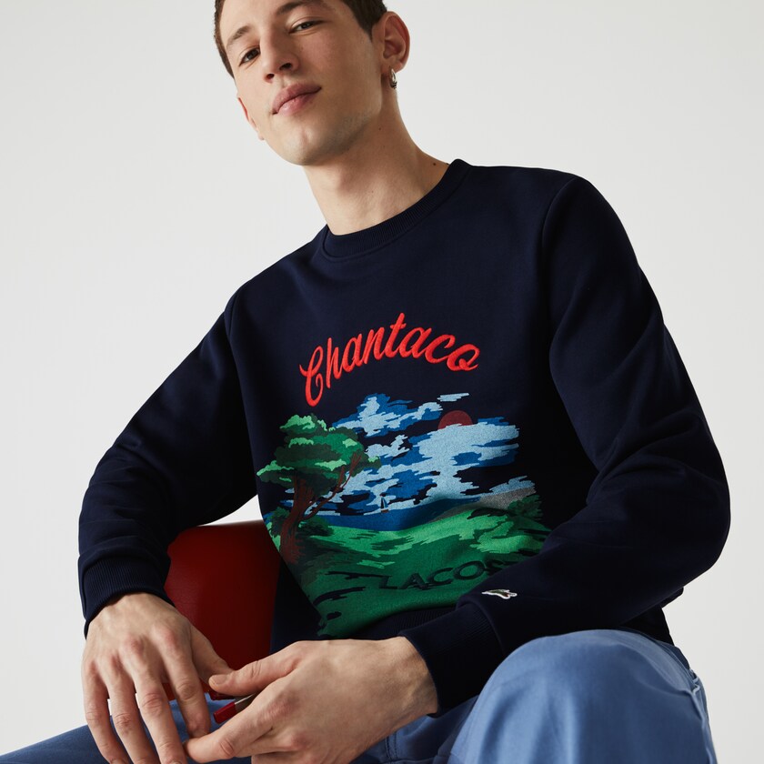 Men's Lacoste Navy Blue / Red Sweatshirts Crew Neck Landscape Print Fleece JV6-45224S1