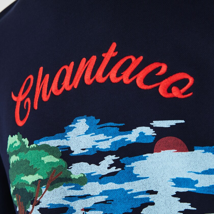 Men's Lacoste Navy Blue / Red Sweatshirts Crew Neck Landscape Print Fleece JV6-45224S1