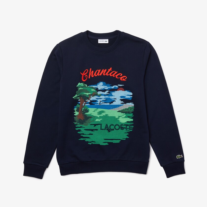 Men's Lacoste Navy Blue / Red Sweatshirts Crew Neck Landscape Print Fleece JV6-45224S1